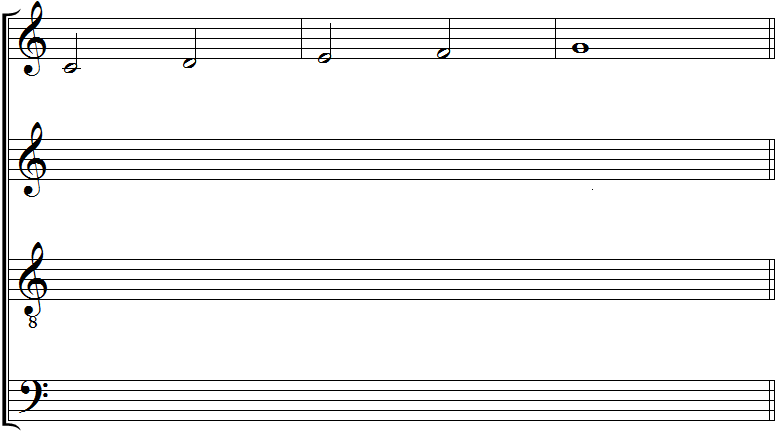 Exercice d'harmonisation N°2. Harmoniser Do, ré, mi, fa, sol avec des accords de sixte et de quinte